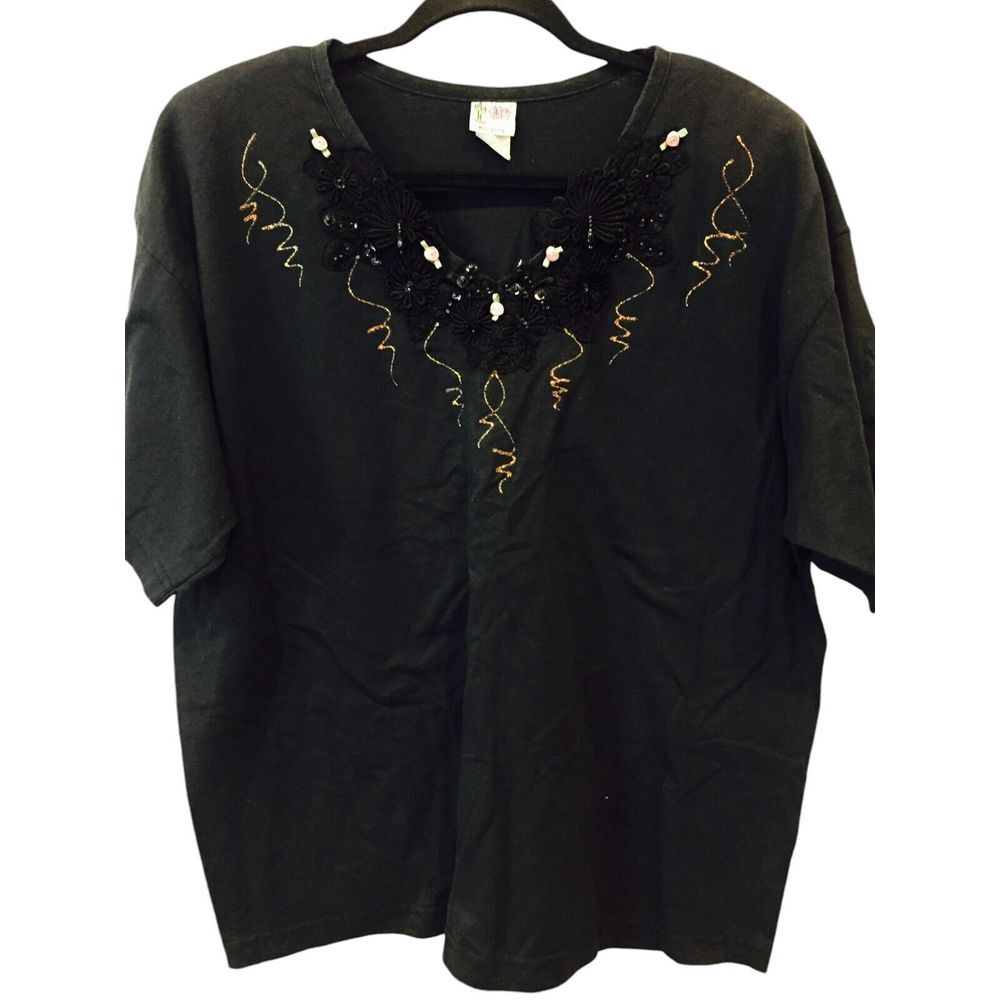 Cactus California Top Womens 2XL Black‎ V Neck Embroidered Sequin Comfy Pullover